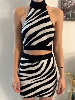 Forever 21 Black and White Zebra Halter Crop Top and Skirt SET